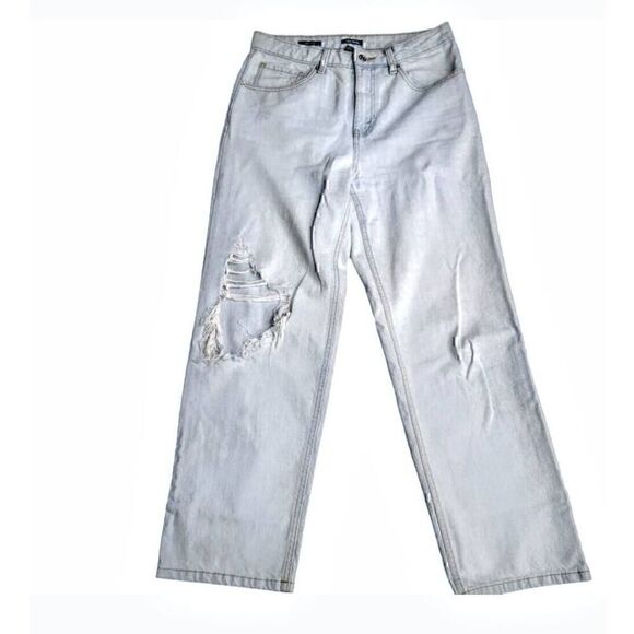 High Rise Dad Jean Recycled Cotton Lightest Wash Ripped Blue Jeans Designer - Picture 2 of 11